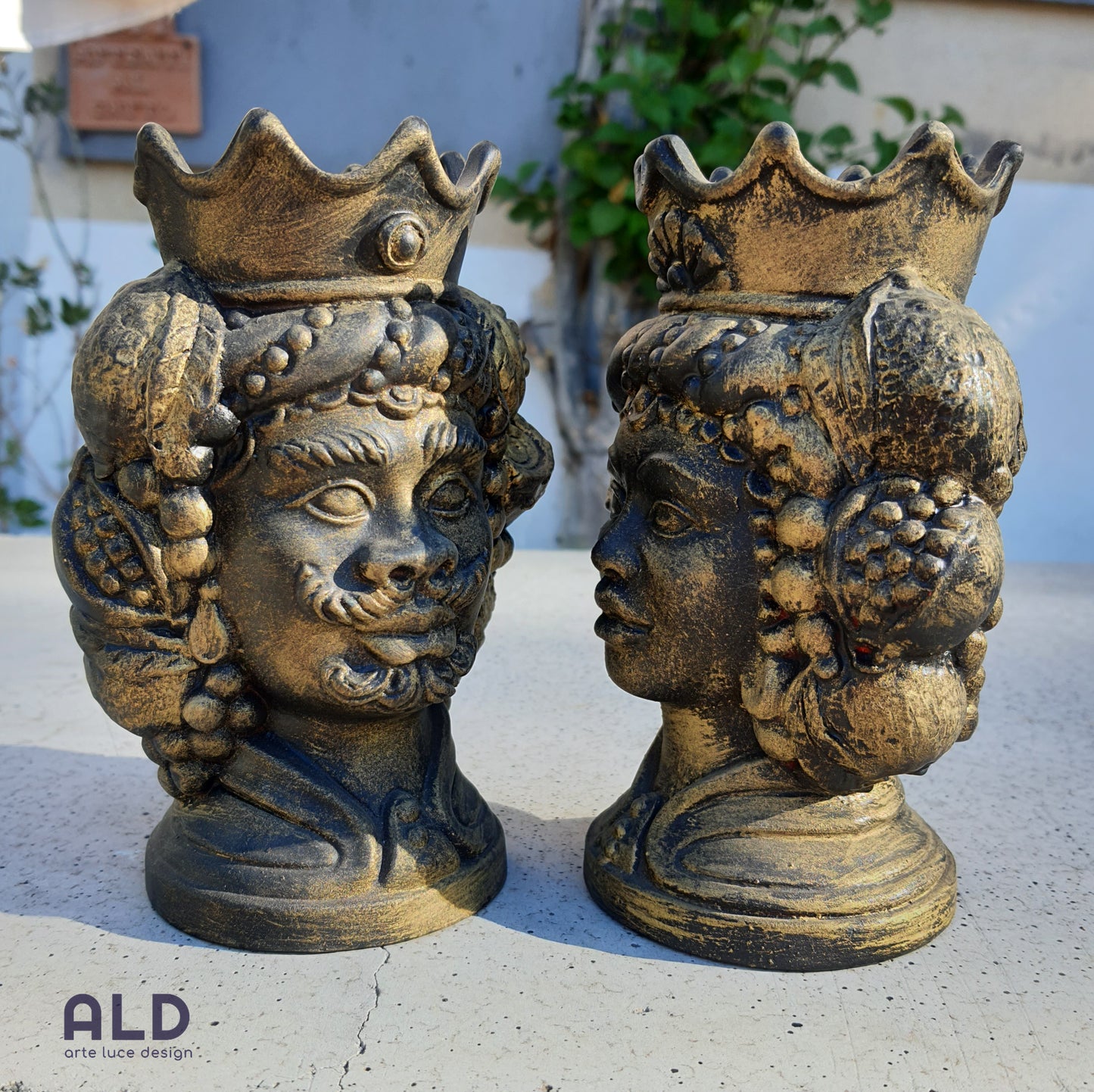 Teste di moro in terracotta decorata coppia soprammobili nero oro altezza 15cm