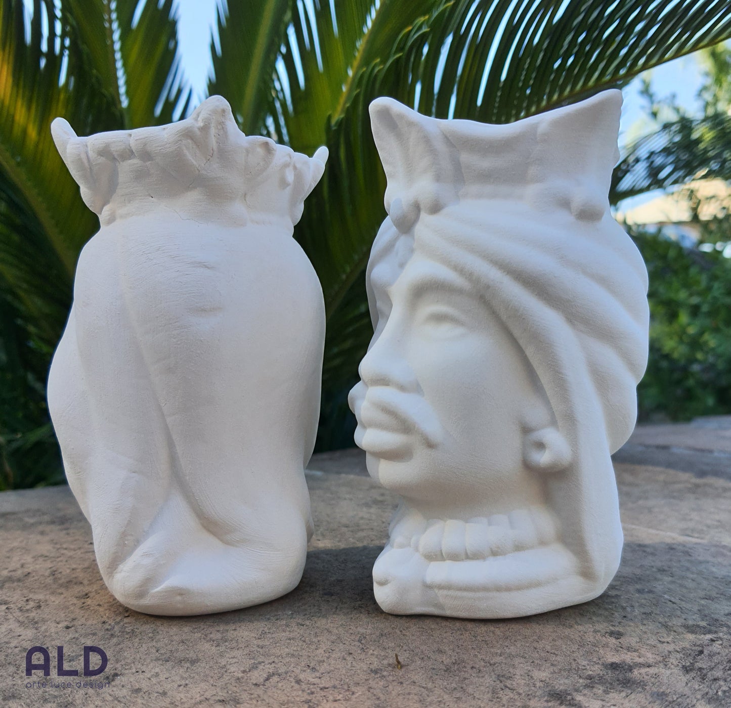 Teste di moro in terracotta bianca grezza coppia soprammobili emiro altezza 13cm