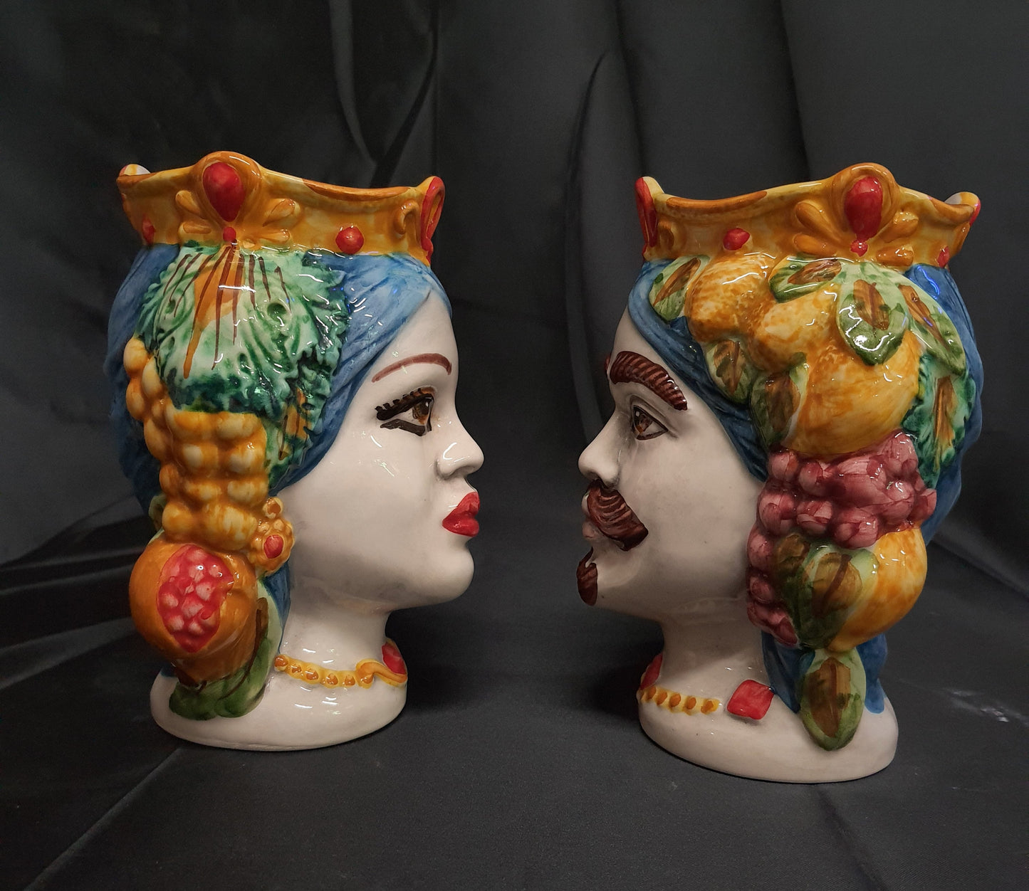 Teste di moro in ceramica di Caltagirone coppia soprammobili da cucina altezza 18cm