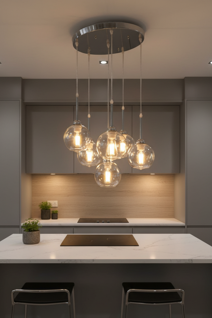 Sospensione moderna a 5 luci E27 lampadario cromo da cucina paralumi in vetro