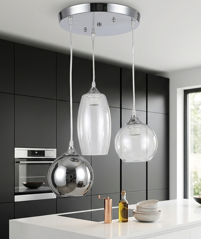 Lampadario a sospensione da cucina pendel moderno a 3 luci E27 vetro trasparente
