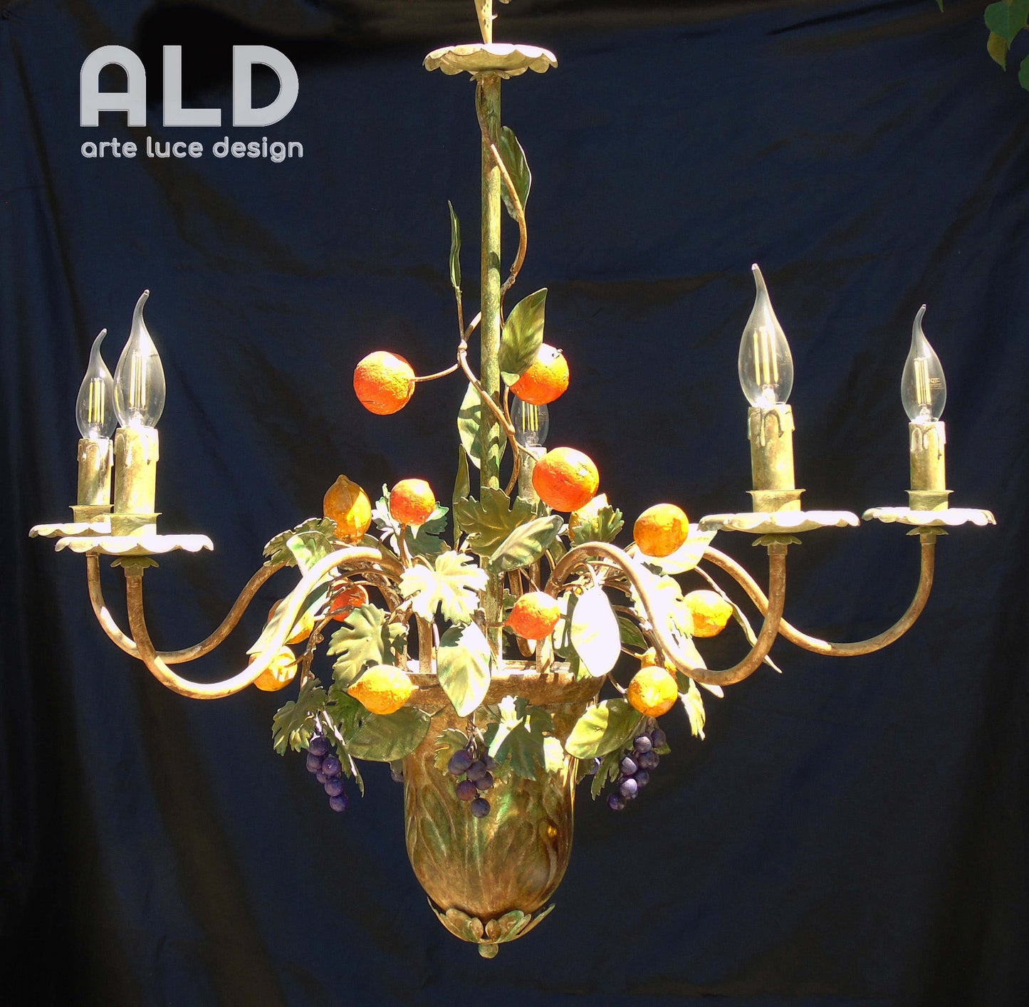 Lampadario rustico in metallo sospensione artigianale per cucina 5 luci e14