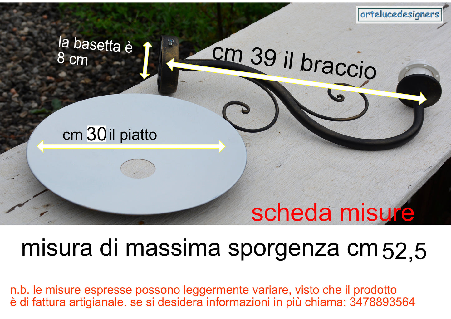 applique da esterno e27 a parete in ferro con braccio e piatto 30cm protezione