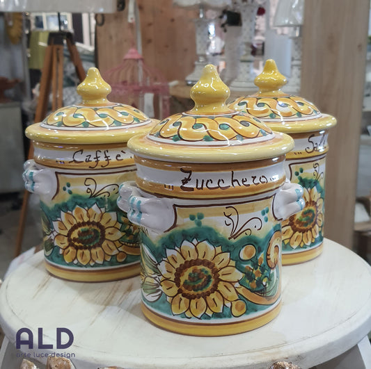 Tris barattoli da cucina sale zucchero e caffè in ceramica di Caltagirone