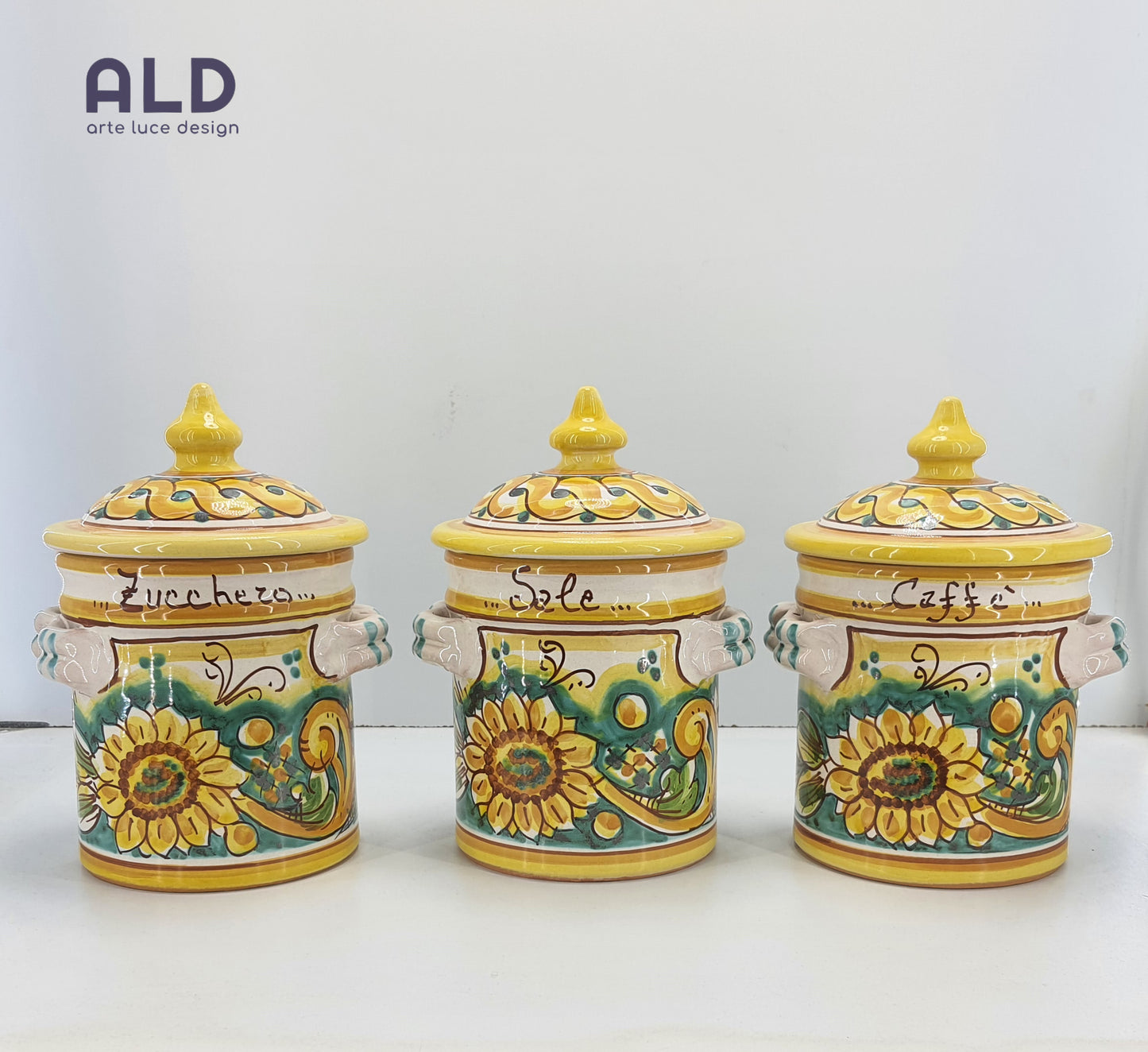 Tris barattoli da cucina sale zucchero e caffè in ceramica di Caltagirone