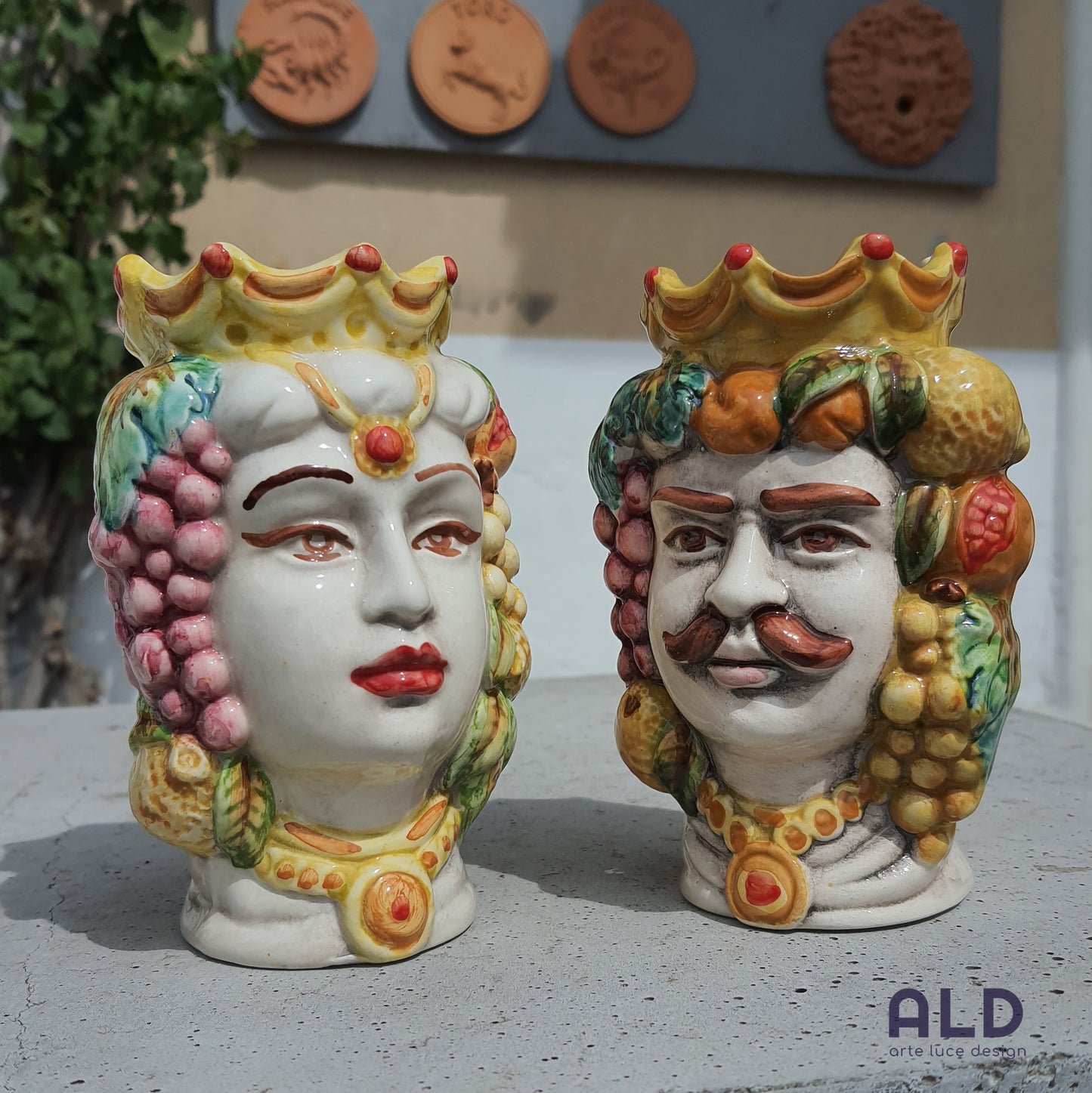 Teste di moro in ceramica di Caltagirone coppia vasi soprammobili altezza 13,5cm