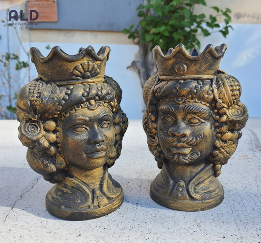 Teste di moro in terracotta decorata coppia soprammobili nero oro altezza 15cm