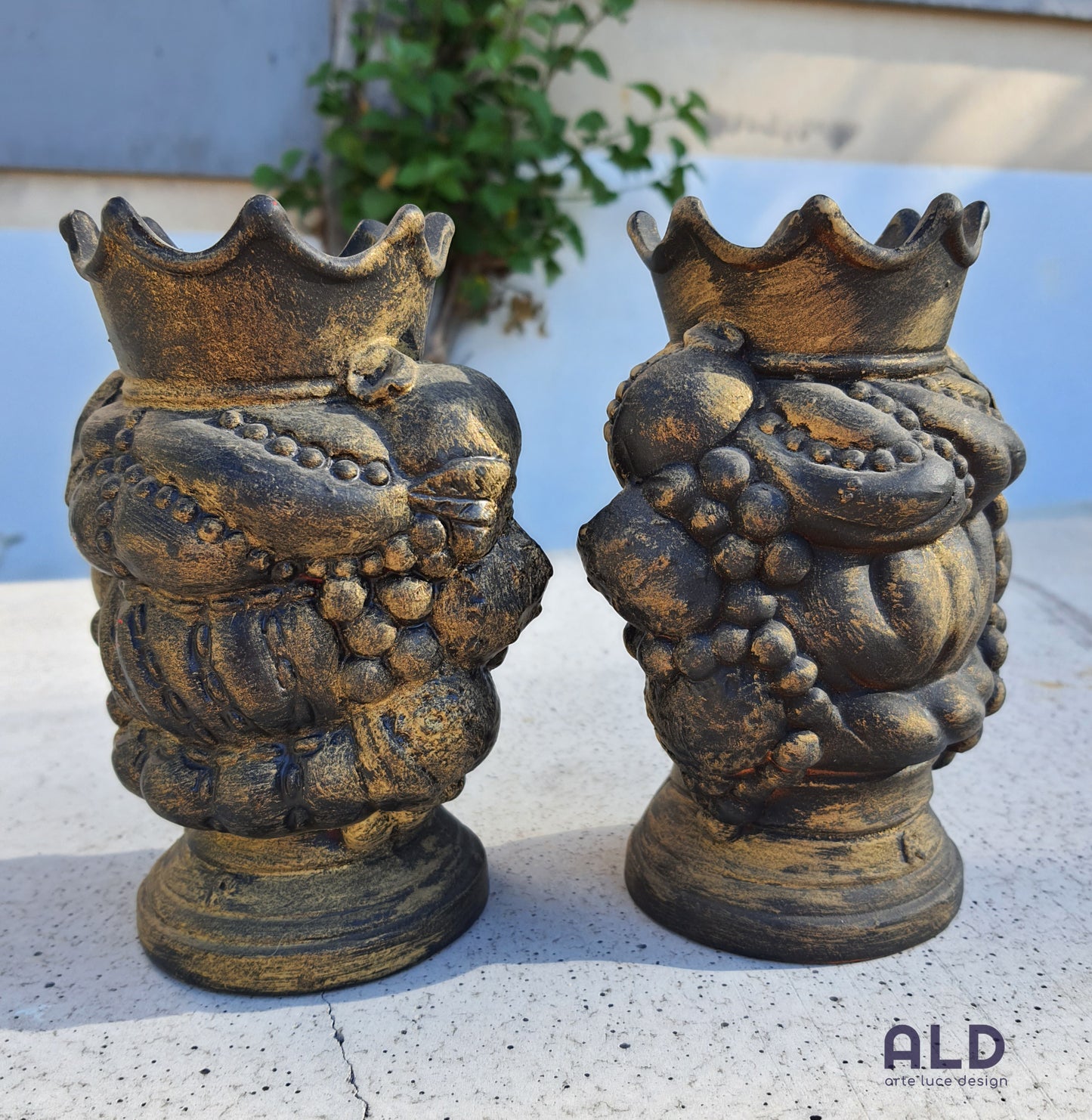 Teste di moro in terracotta decorata coppia soprammobili nero oro altezza 15cm