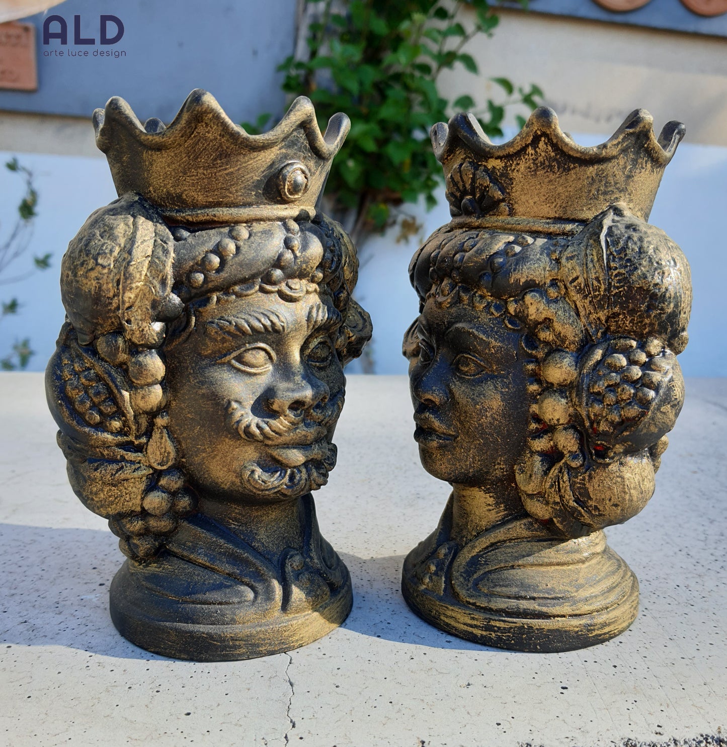 Teste di moro in terracotta decorata coppia soprammobili nero oro altezza 15cm