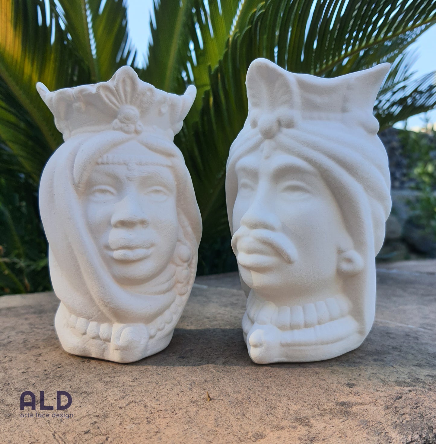 Teste di moro in terracotta bianca grezza coppia soprammobili emiro altezza 13cm