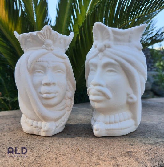 Teste di moro in terracotta bianca grezza coppia soprammobili emiro altezza 13cm