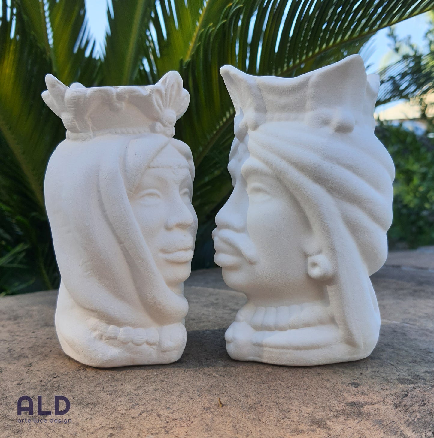 Teste di moro in terracotta bianca grezza coppia soprammobili emiro altezza 13cm