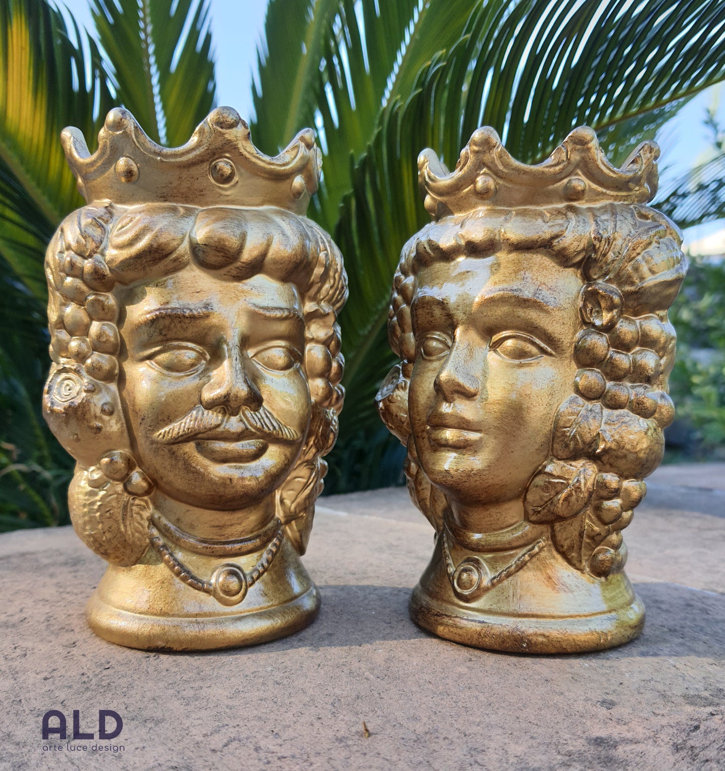 Teste di moro in terracotta decorata coppia soprammobili oro altezza 14cm