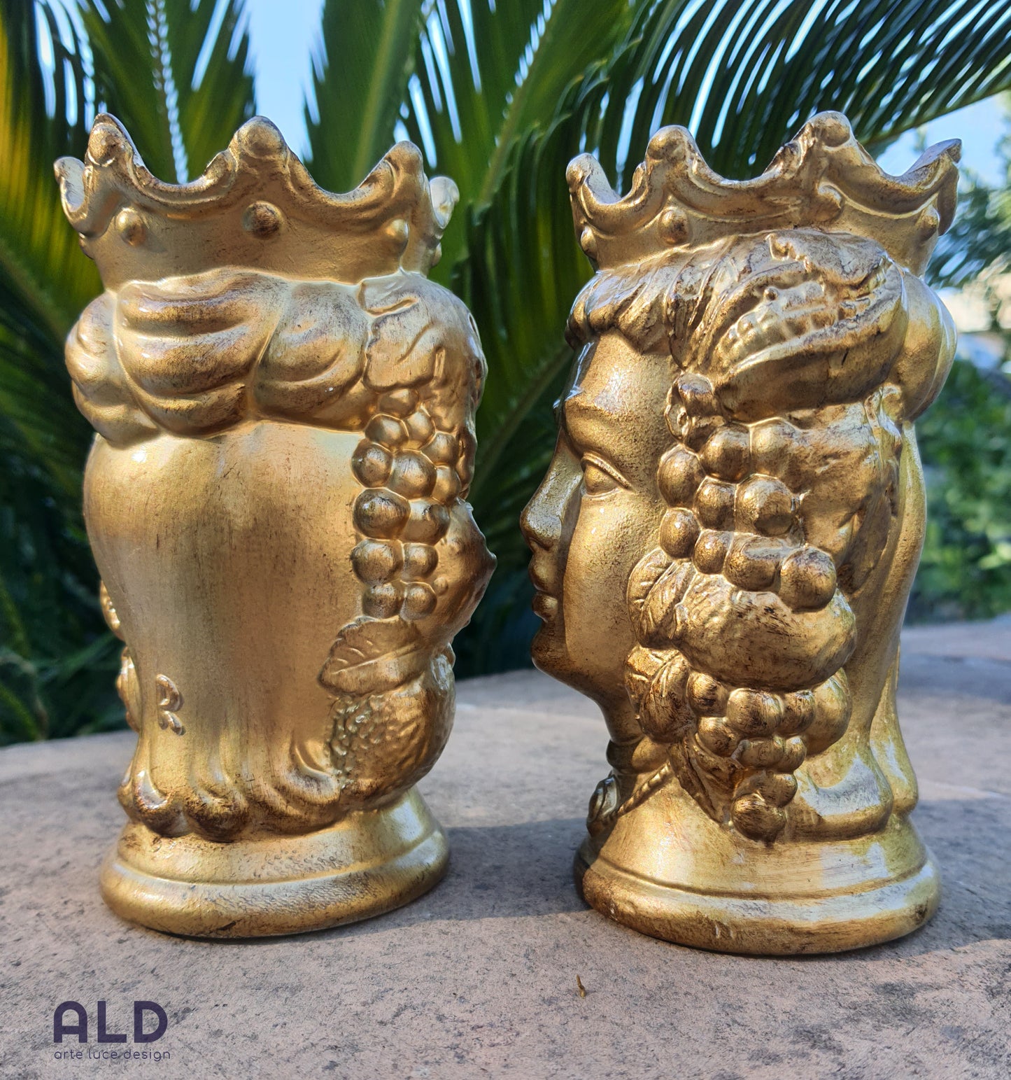 Teste di moro in terracotta decorata coppia soprammobili oro altezza 14cm