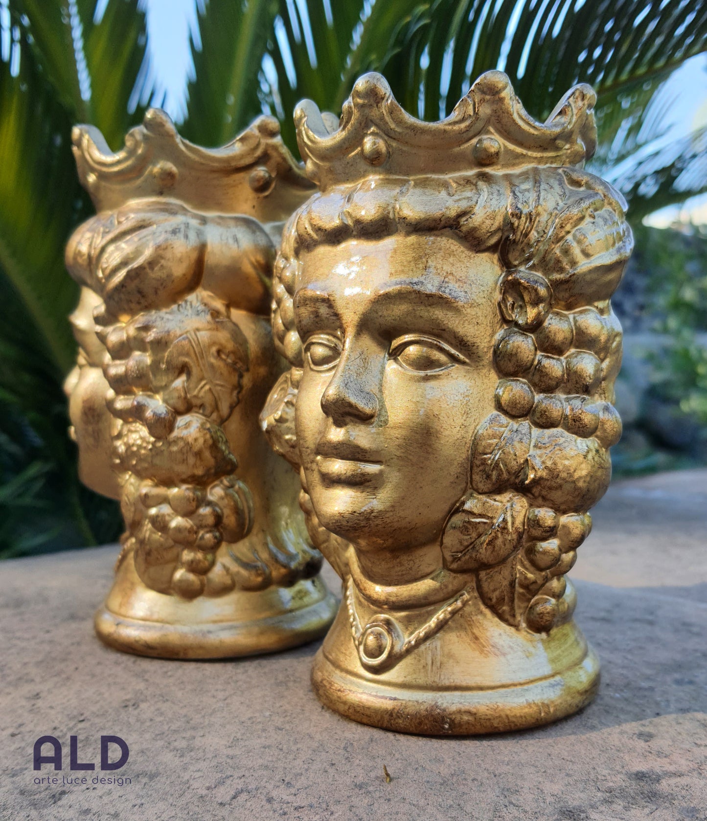 Teste di moro in terracotta decorata coppia soprammobili oro altezza 14cm