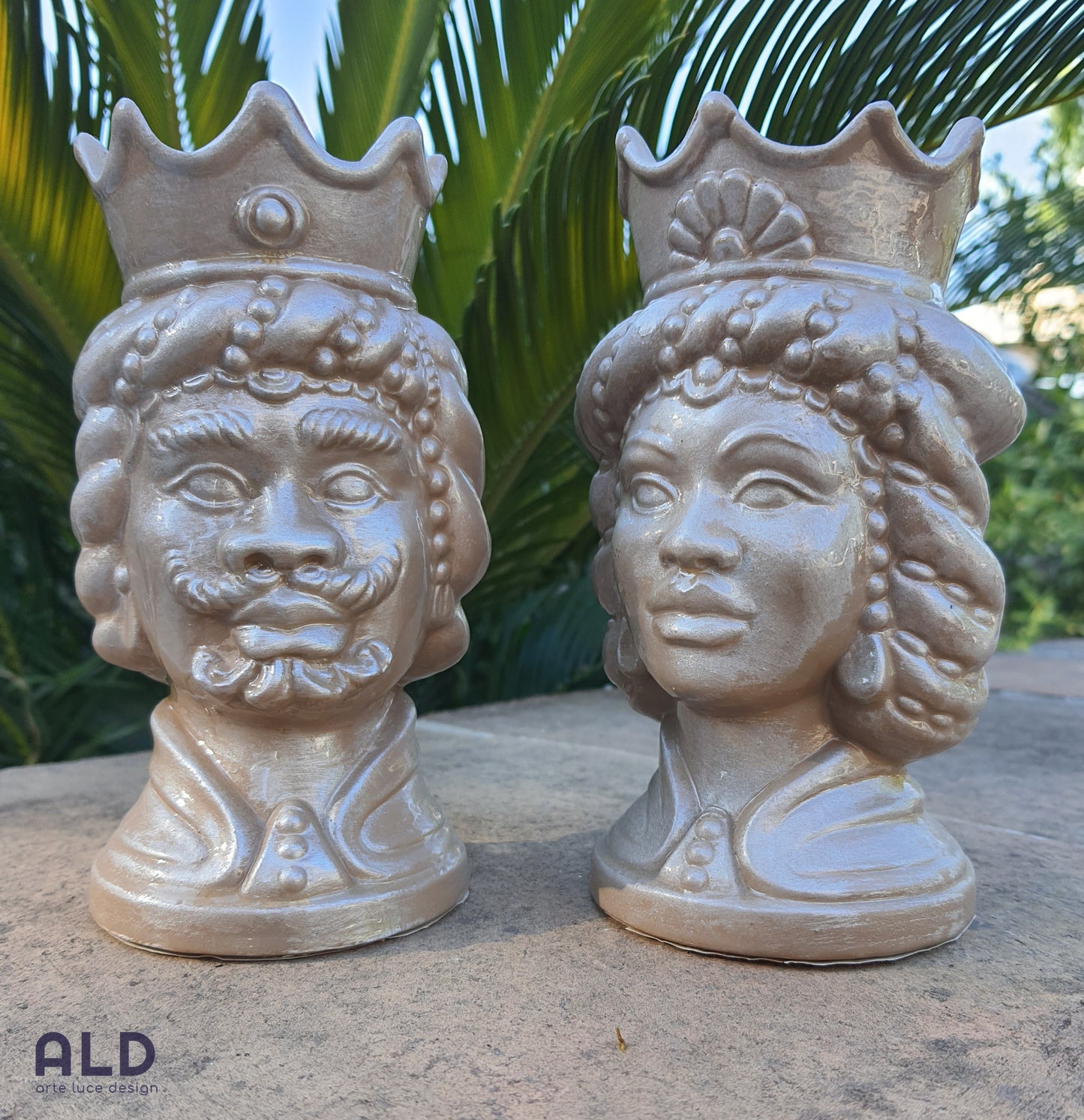 Teste di moro in terracotta decorata coppia soprammobili tortora altezza 15cm