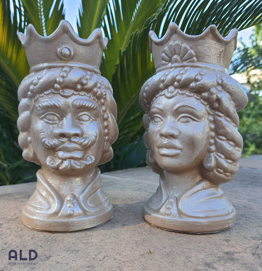 Teste di moro in terracotta decorata coppia soprammobili tortora altezza 15cm