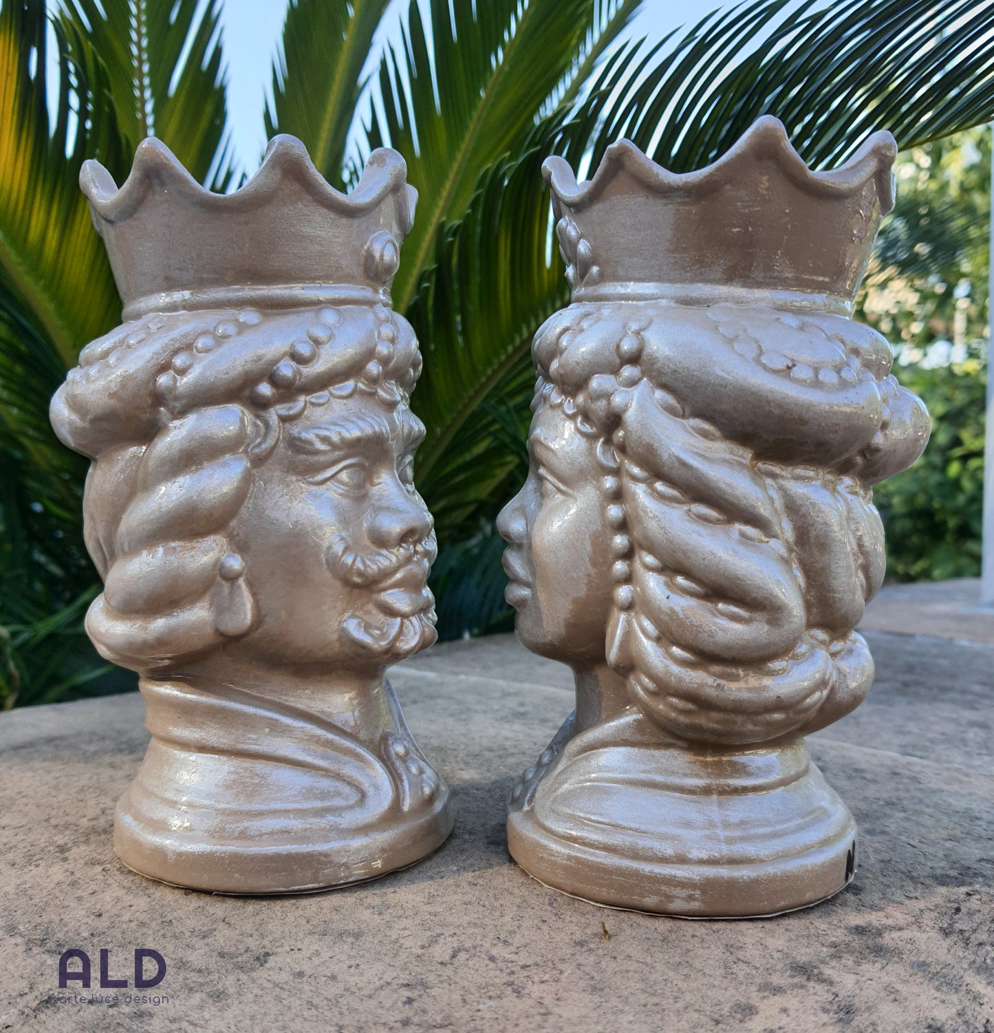 Teste di moro in terracotta decorata coppia soprammobili tortora altezza 15cm