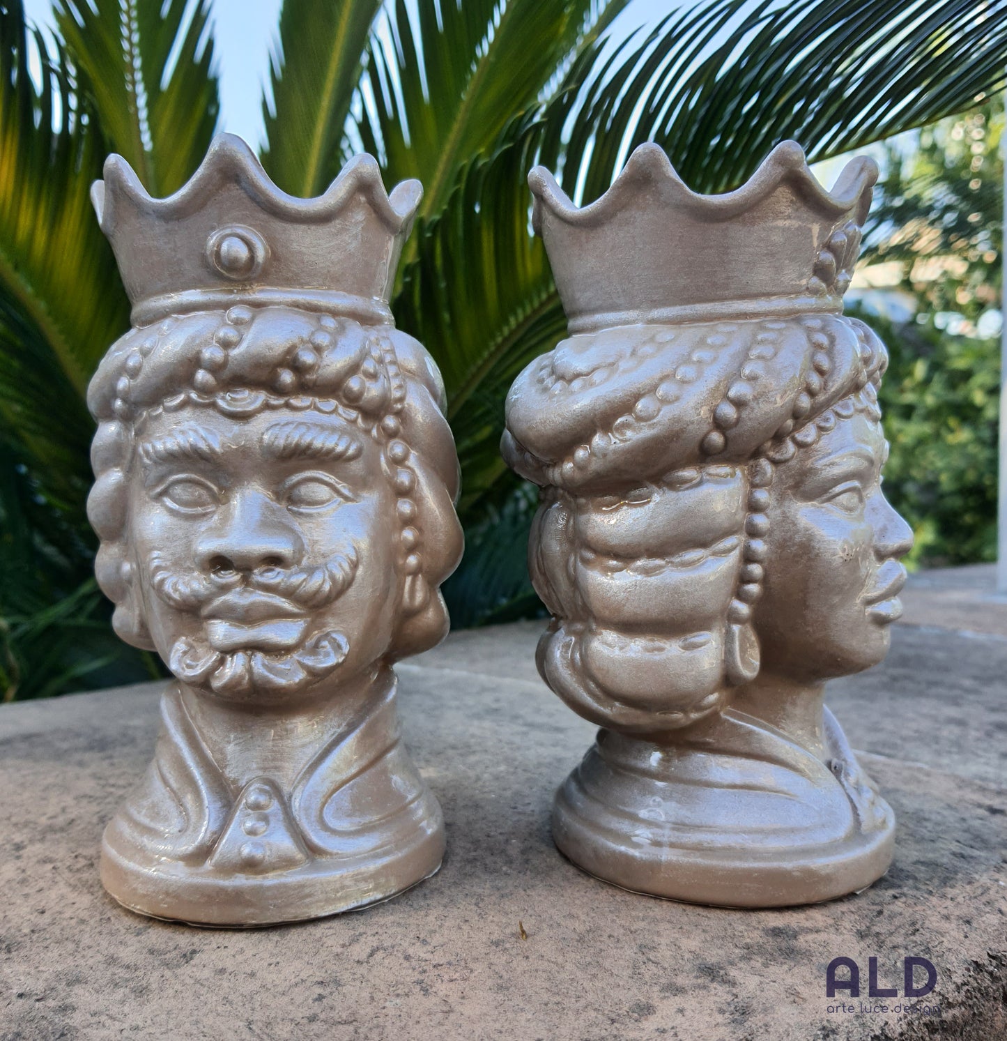 Teste di moro in terracotta decorata coppia soprammobili tortora altezza 15cm