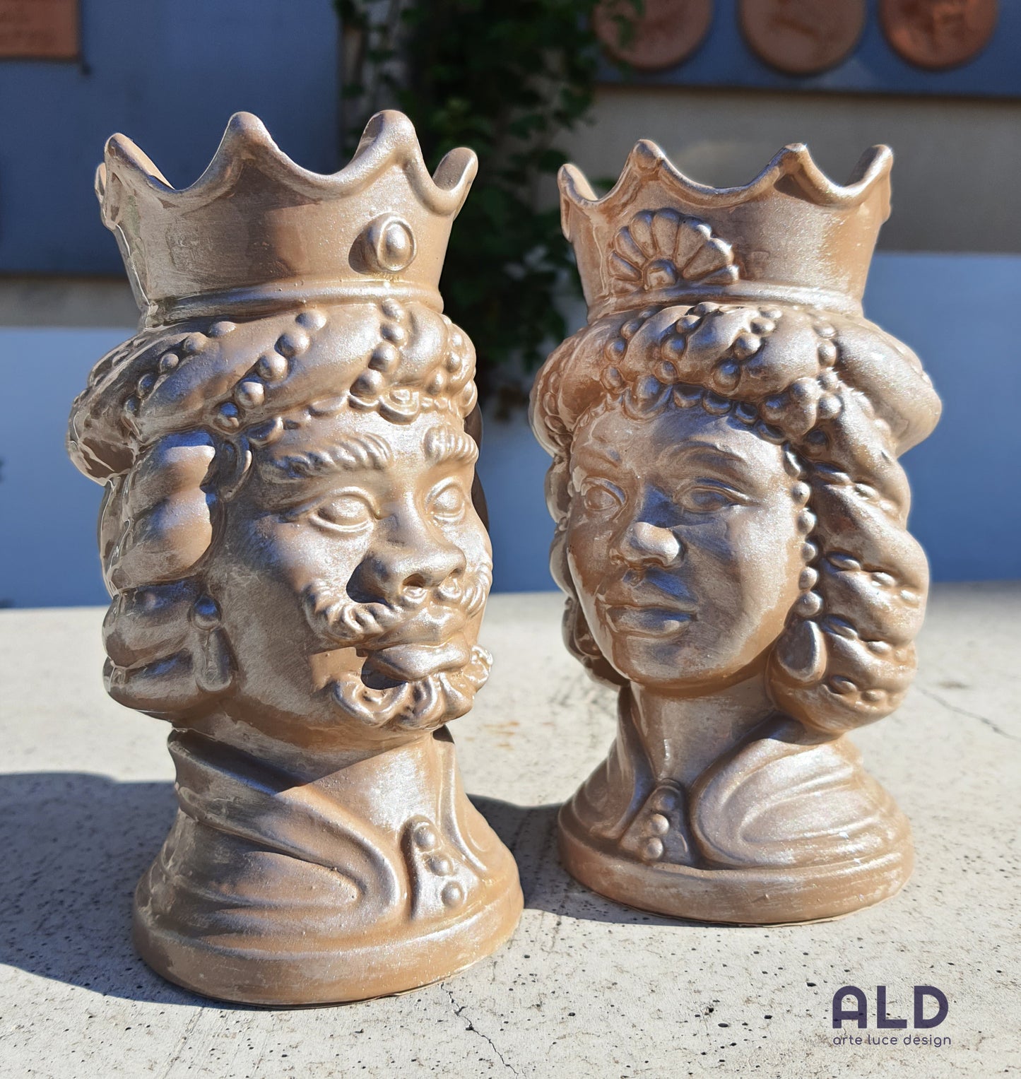 Teste di moro in terracotta decorata coppia soprammobili tortora altezza 15cm