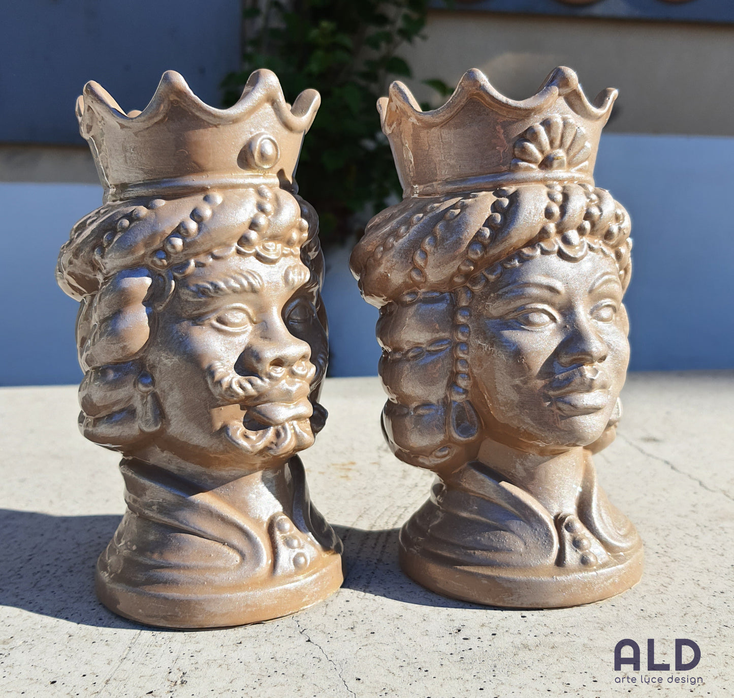 Teste di moro in terracotta decorata coppia soprammobili tortora altezza 15cm