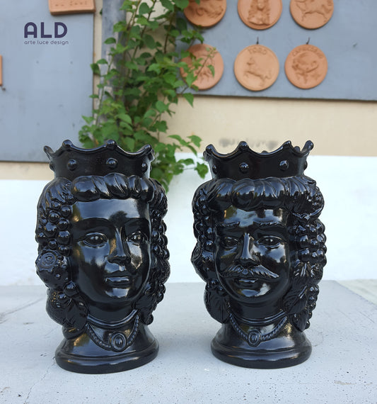 Teste di moro in terracotta decorata coppia soprammobili neri altezza 18cm