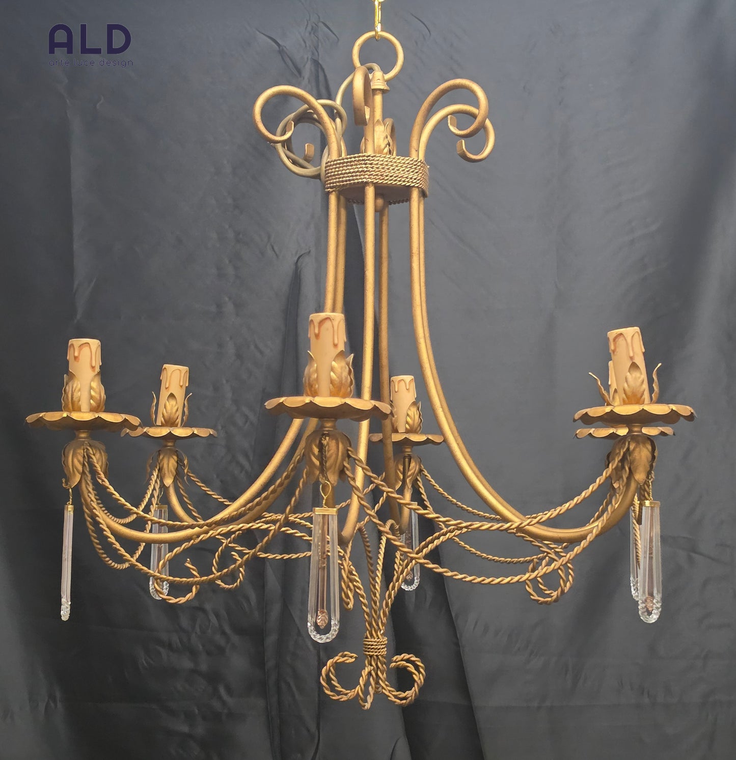 Lampadario classico in ferro battuto oro pendel in vetro sospensione a 5 luci