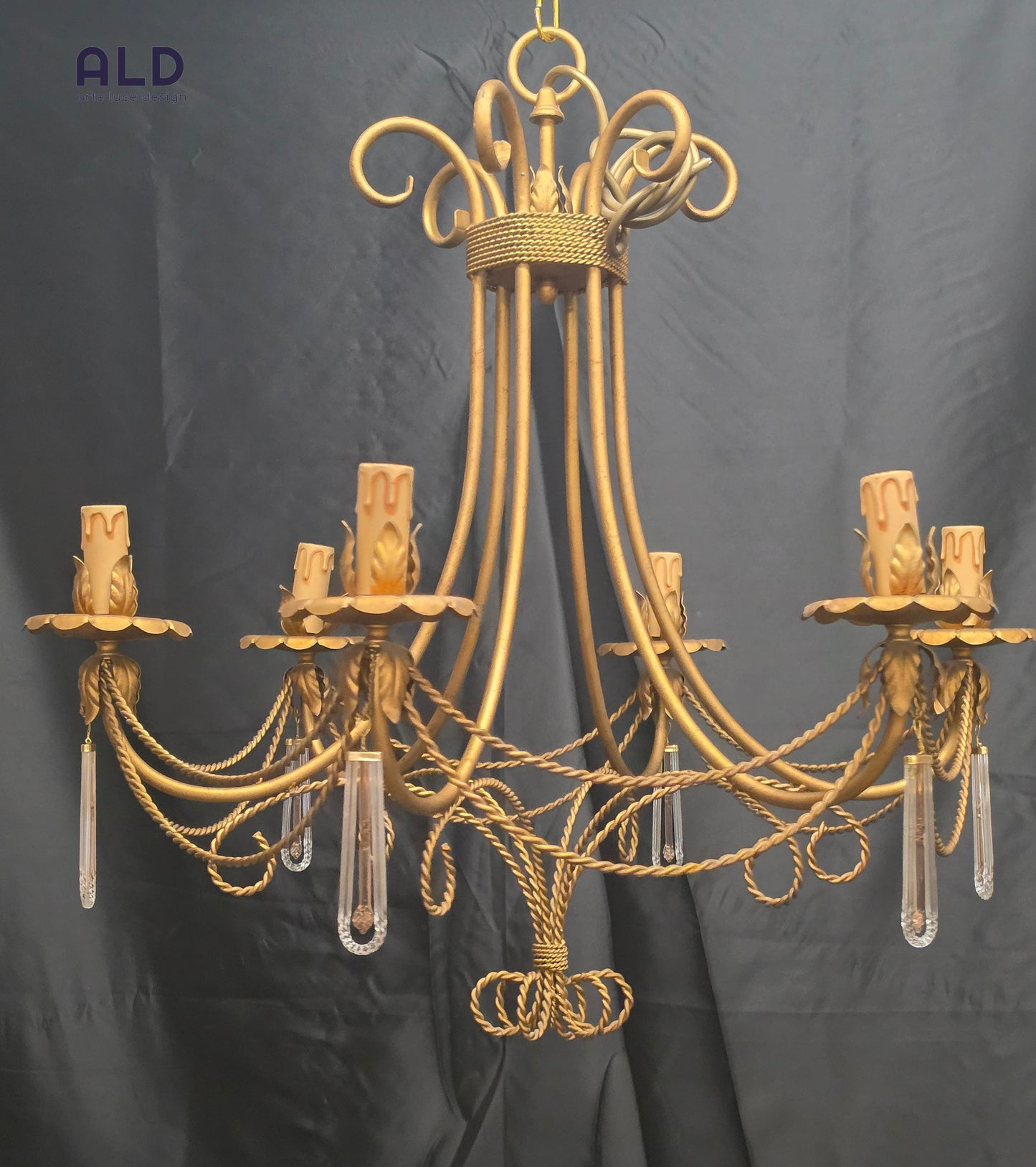 Lampadario classico in ferro battuto oro pendel in vetro sospensione a 5 luci
