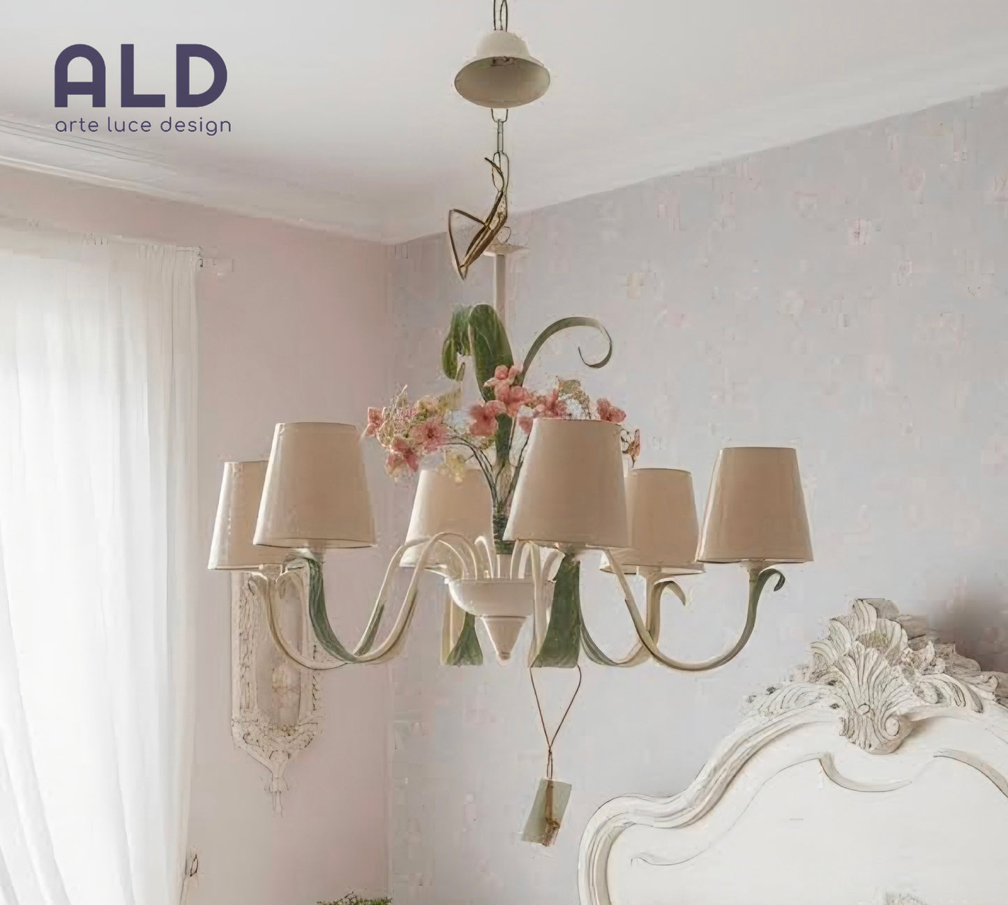 Lampadario shabby in ferro battuto co decoro a fiori per camera da letto 6 luci e14