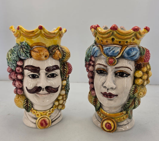 coppia di teste di moro in ceramica di caltagirone vasi soprammobili cm 18