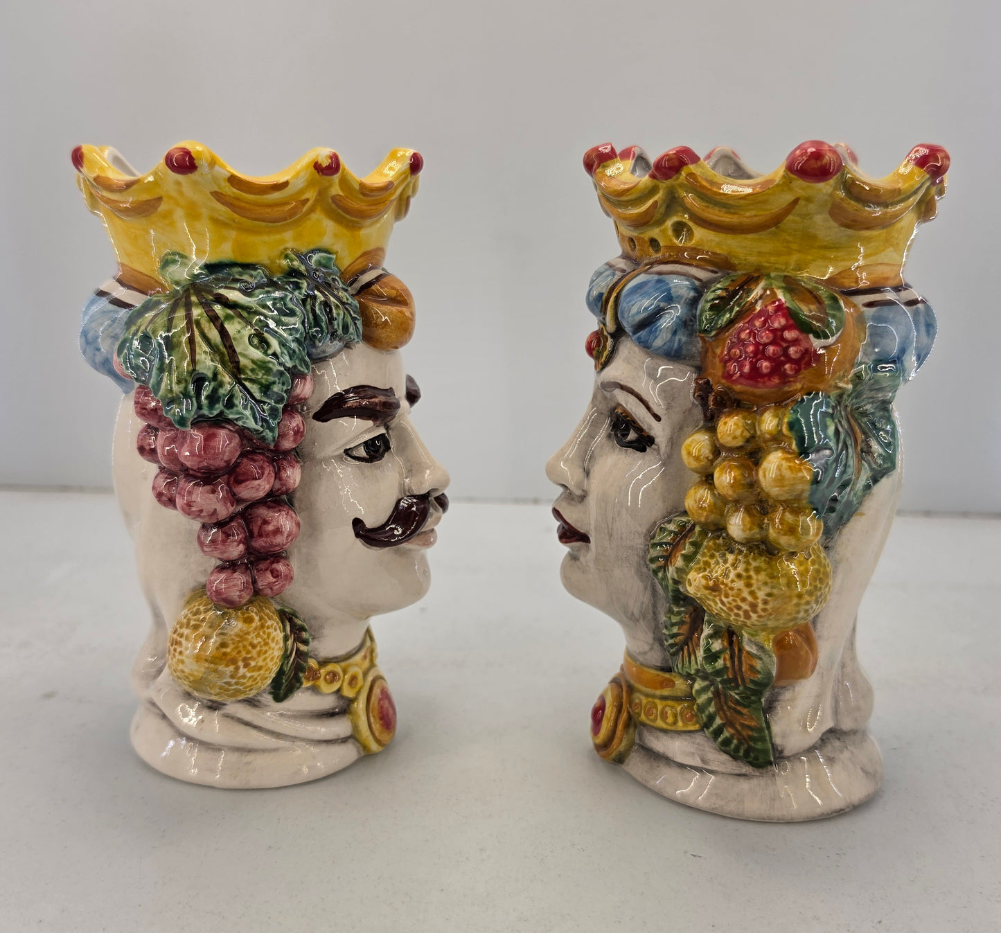 coppia di teste di moro in ceramica di caltagirone vasi soprammobili cm 18