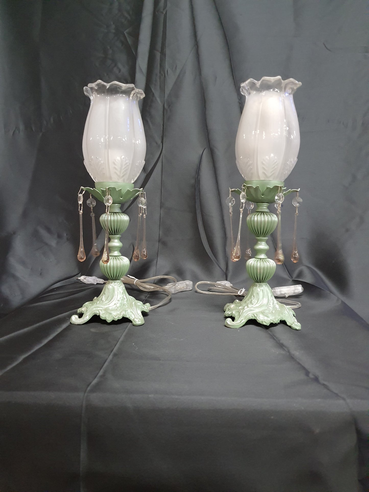 Coppia lumetti vetro e ottone lampade da comodino verde salvia x camera da letto