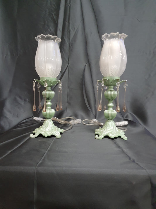 Coppia lumetti vetro e ottone lampade da comodino verde salvia x camera da letto