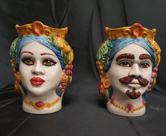 Teste di moro in ceramica di Caltagirone coppia soprammobili da cucina altezza 18cm