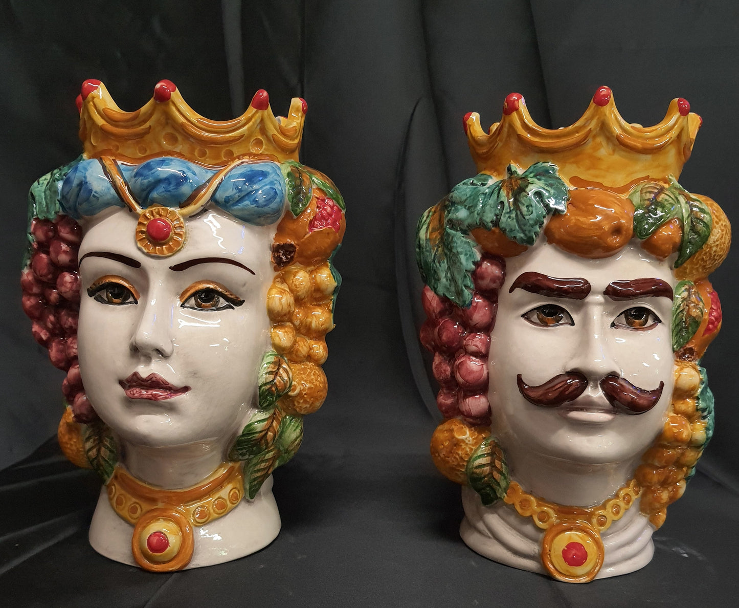 Coppia teste di moro in ceramica di Caltagirone soprammobili da cucina alt. 25cm