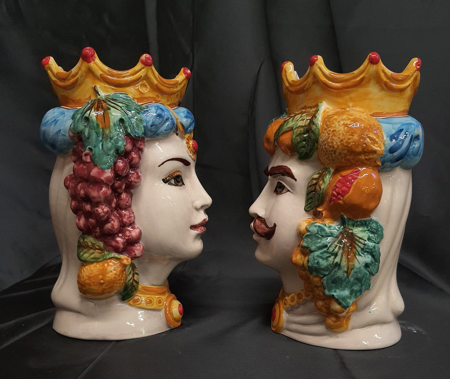 Coppia teste di moro in ceramica di Caltagirone soprammobili da cucina alt. 25cm