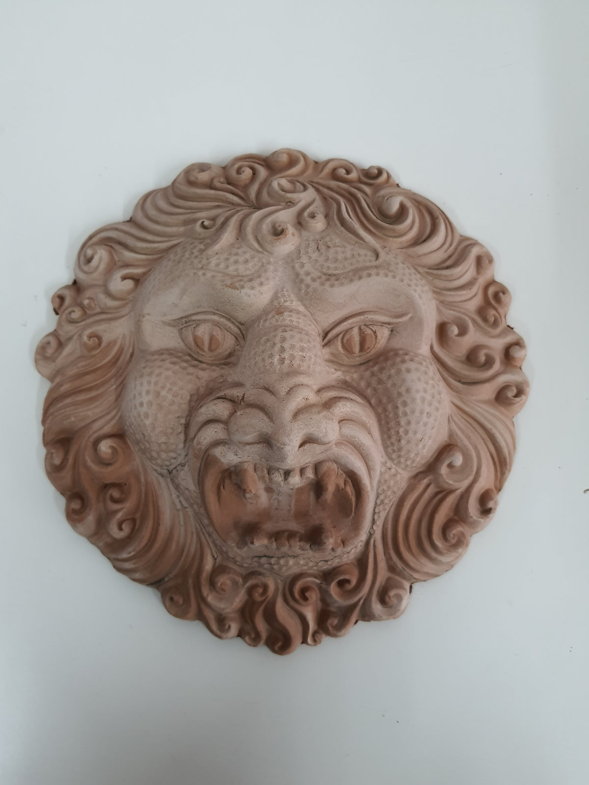 Fregio parete volto di leone in terracotta grezza decorazione murale per esterno