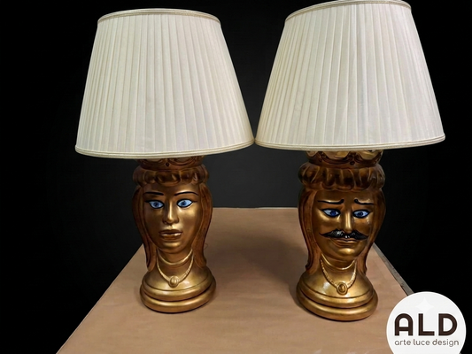 Set Lampade da tavolo comodino coppia Teste di moro in terracotta smaltata oro