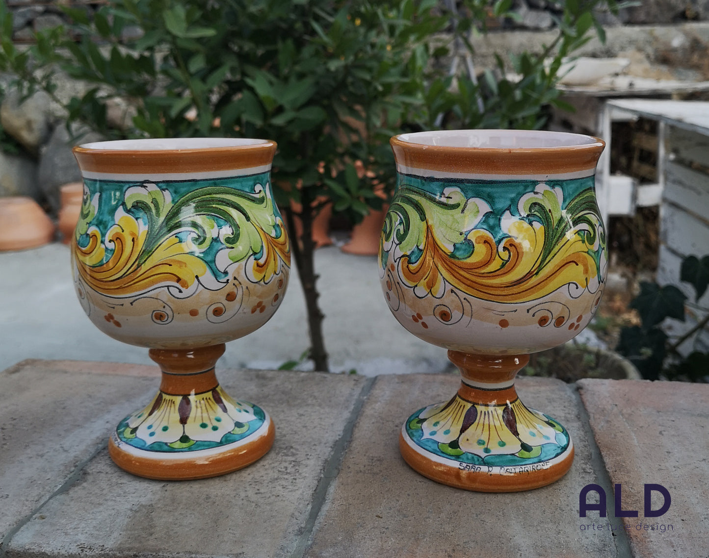 Calici da Vino in Ceramica di Caltagirone Coppia di Calice decorato da Cucina