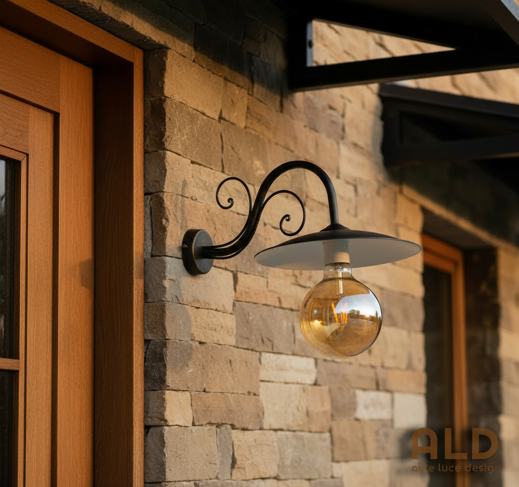 applique da esterno e27 a parete in ferro con braccio e piatto 30cm protezione