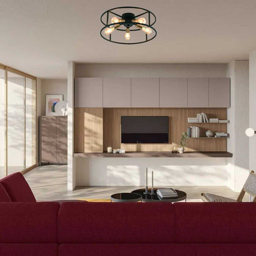 Plafoniera soffitto moderna stile industriale in metallo nero e oro 5 luci E27