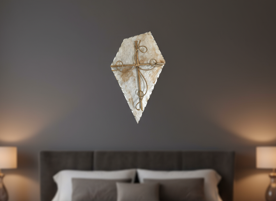 Capezzale moderno metallo e legno crocifisso oro stilizzato per camera da letto