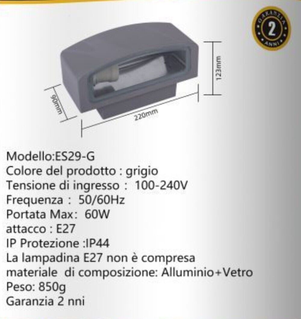 Applique da esterno lampada da parete giardino IP65 doppia emissione di luce E27