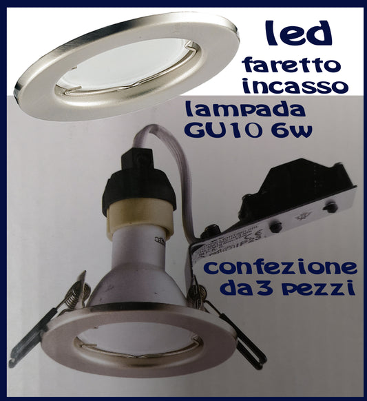 Faretto led da incasso kit da 3 faretti per controsoffitto cartongesso GU10 6w