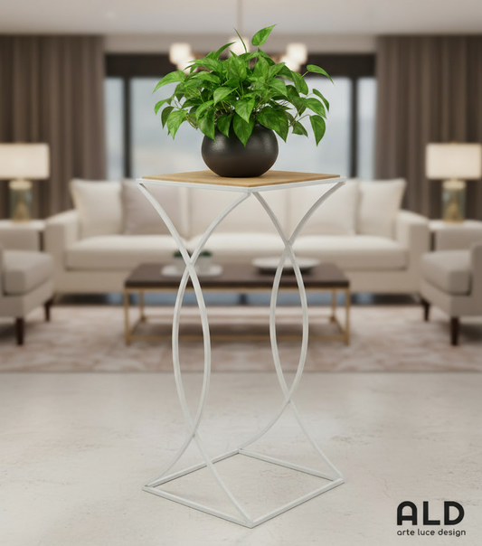 Colonnina in metallo Alzata piano in legno Piedistallo per fiori Tavolino Alto