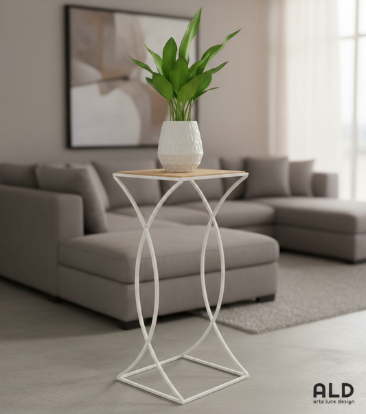 Tavolino Alto in metallo Alzata piano in legno Piedistallo per fiori H70cm