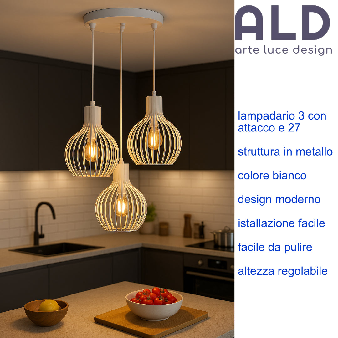 Sospensione moderna a 3 luci E27 lampadario bianco da cucina paralumi traforati