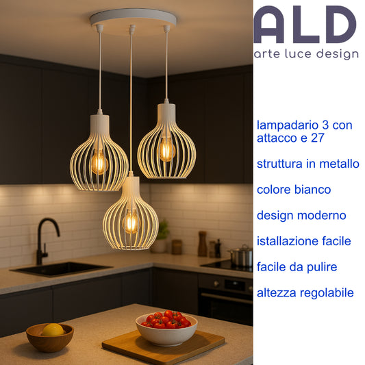 Sospensione moderna a 3 luci E27 lampadario bianco da cucina paralumi traforati
