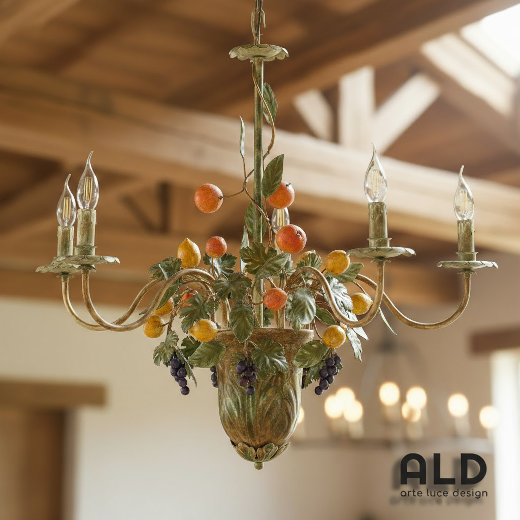 Lampadario rustico in metallo sospensione artigianale per cucina 5 luci e14