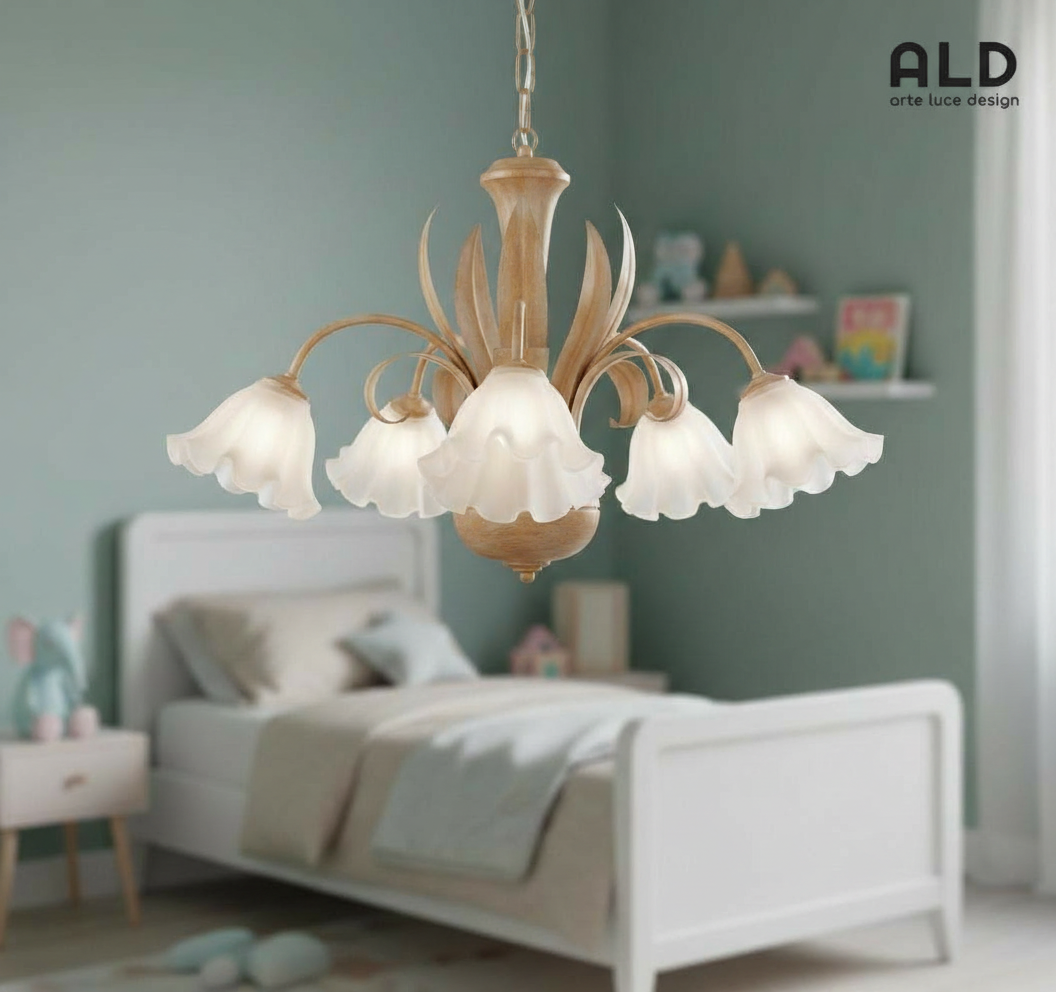 Lampadario classico in legno e ferro battuto per cameretta ingresso 5 luci e14